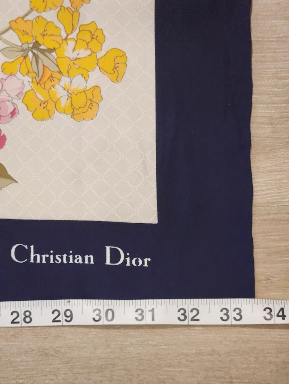 Vintage Christian Dior Silk Floral Scarf Navy Blue Border